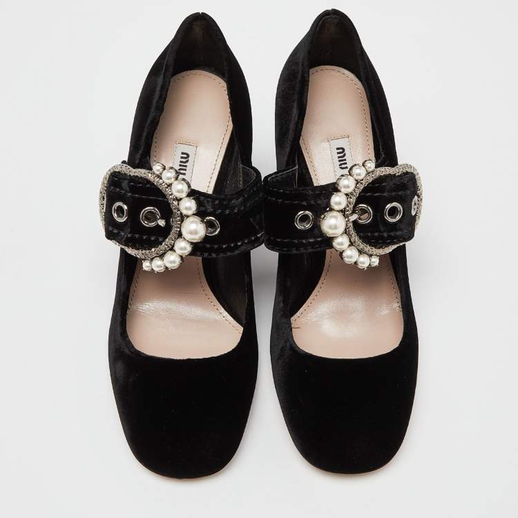 Pre Owned Miu Miu Black Velvet Pearl Embellished Mary Jane Pumps Size 38.5