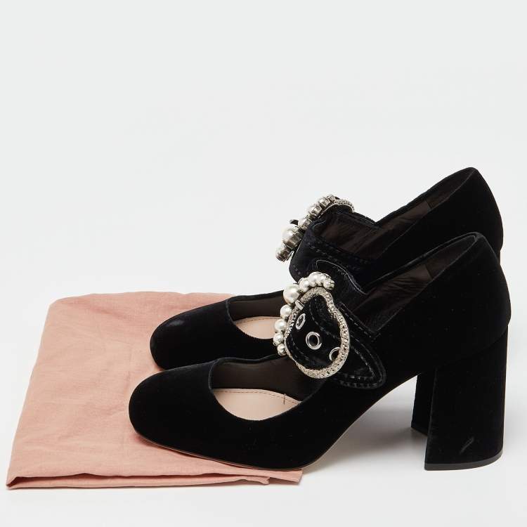 Pre Owned Miu Miu Black Velvet Pearl Embellished Mary Jane Pumps Size 38.5