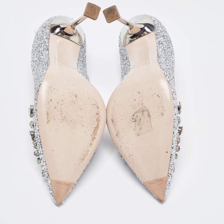 Pre Owned Miu Miu Silver Studded Glitter Crystal Embellished Pointed-Toe Pumps Size 38