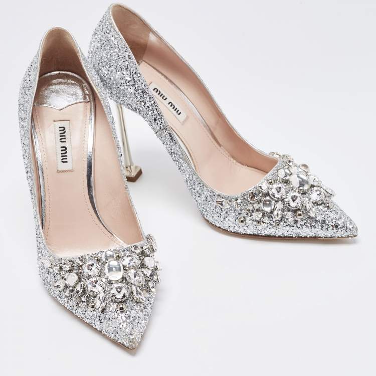Pre Owned Miu Miu Silver Studded Glitter Crystal Embellished Pointed-Toe Pumps Size 38