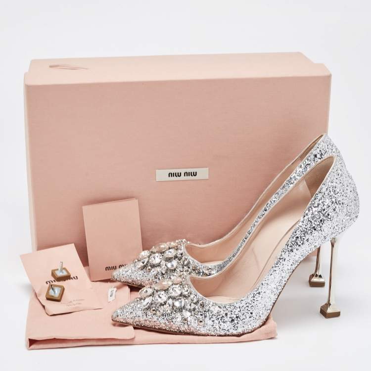 Pre Owned Miu Miu Silver Studded Glitter Crystal Embellished Pointed-Toe Pumps Size 38