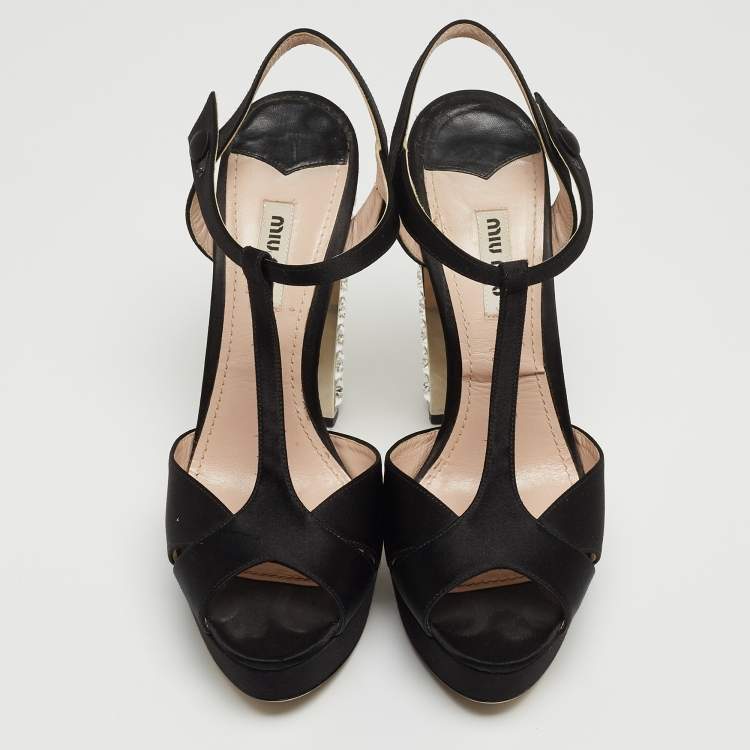 Pre Owned Miu Miu Black Satin Crystal Embellished Platform Ankle Strap Sandals Size 38.5