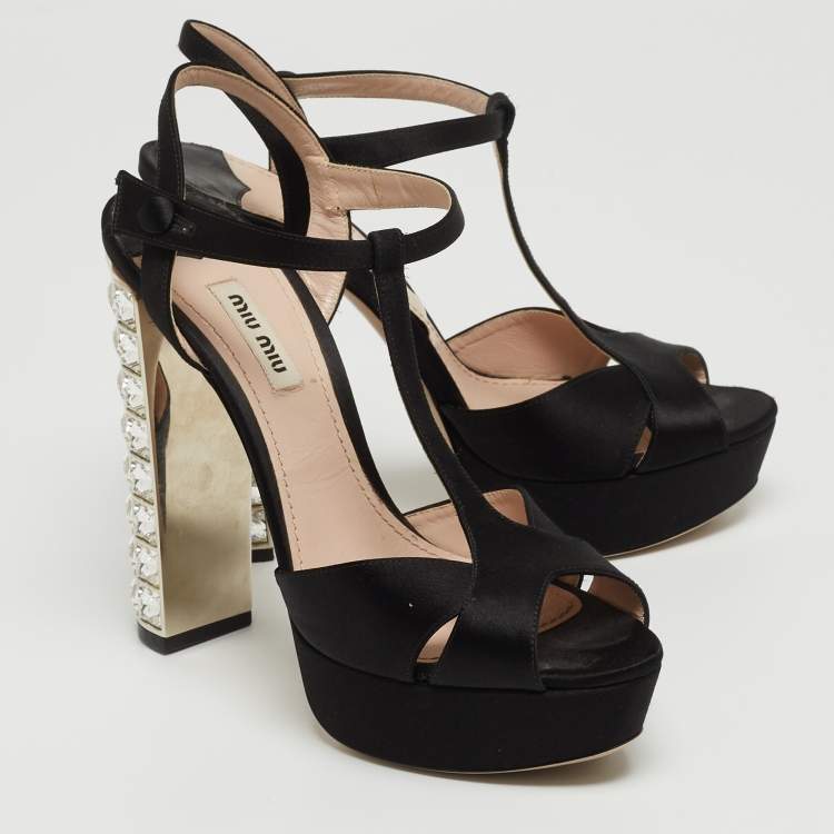Pre Owned Miu Miu Black Satin Crystal Embellished Platform Ankle Strap Sandals Size 38.5