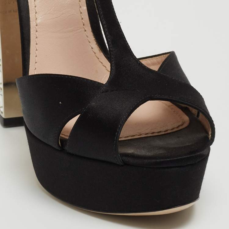 Pre Owned Miu Miu Black Satin Crystal Embellished Platform Ankle Strap Sandals Size 38.5