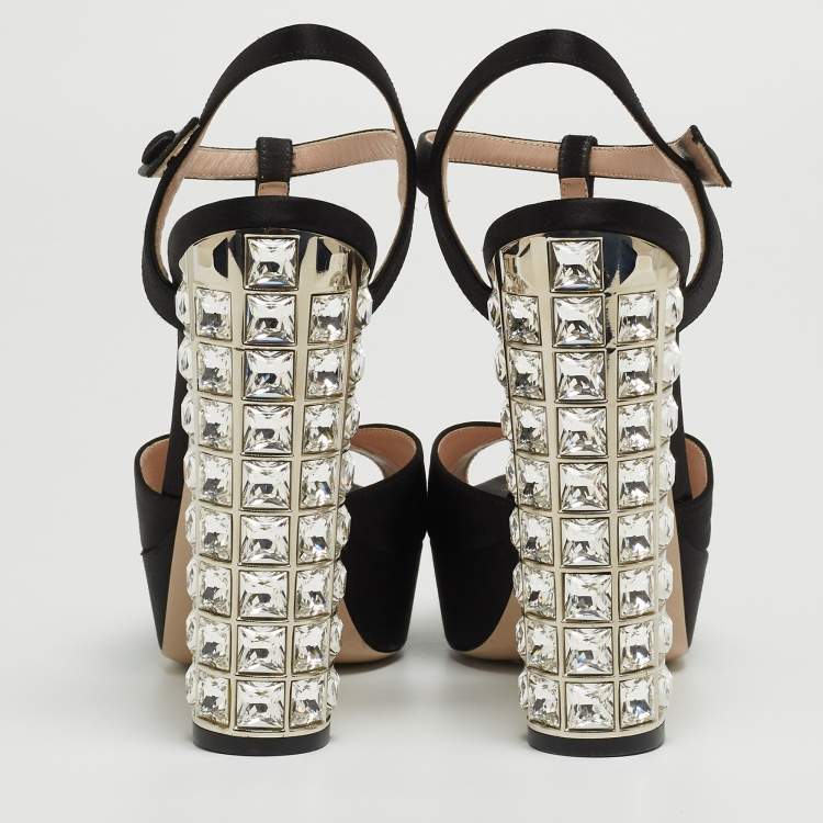 Pre Owned Miu Miu Black Satin Crystal Embellished Platform Ankle Strap Sandals Size 38.5