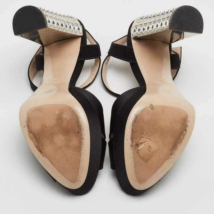 Pre Owned Miu Miu Black Satin Crystal Embellished Platform Ankle Strap Sandals Size 38.5