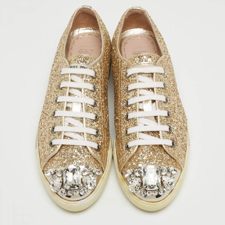 Pre Owned Miu Miu Gold Coarse Glitter Crystal Embellished Metal Cap Toe Sneakers Size 36.5 