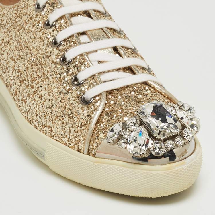 Pre Owned Miu Miu Gold Coarse Glitter Crystal Embellished Metal Cap Toe Sneakers Size 36.5 