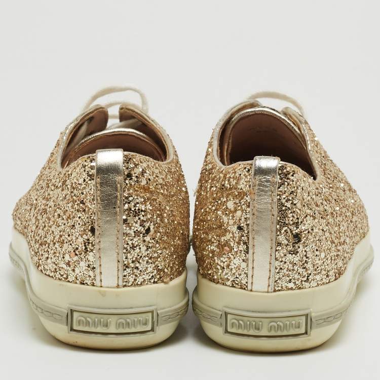 Pre Owned Miu Miu Gold Coarse Glitter Crystal Embellished Metal Cap Toe Sneakers Size 36.5 