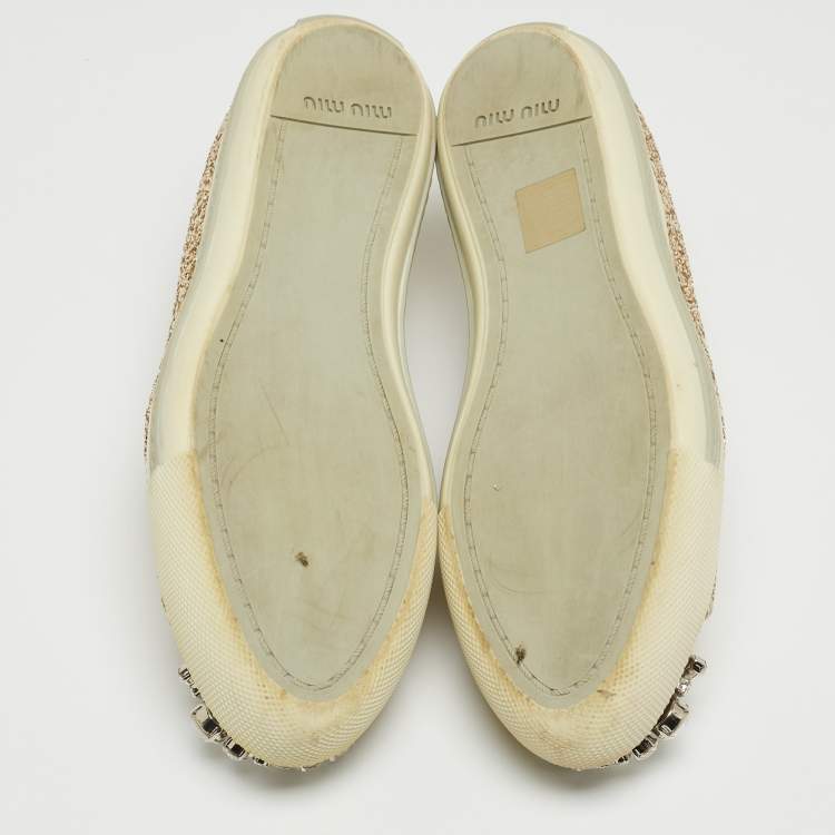 Pre Owned Miu Miu Gold Coarse Glitter Crystal Embellished Metal Cap Toe Sneakers Size 36.5 
