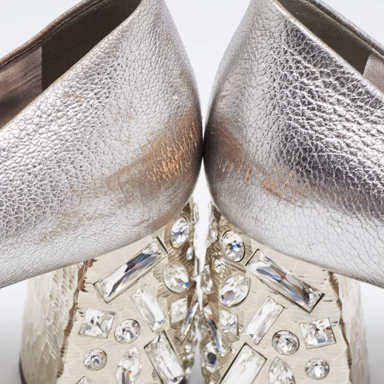 Pre Owned Miu Miu Silver Leather Crystal Block Heel Open Toe Pumps Size 38