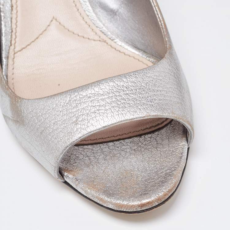 Pre Owned Miu Miu Silver Leather Crystal Block Heel Open Toe Pumps Size 38