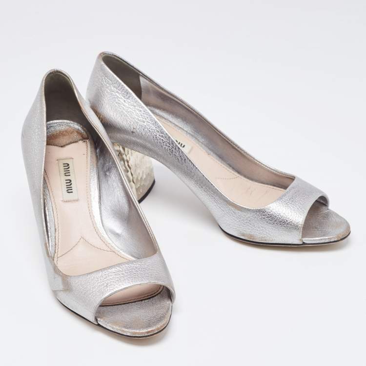 Pre Owned Miu Miu Silver Leather Crystal Block Heel Open Toe Pumps Size 38