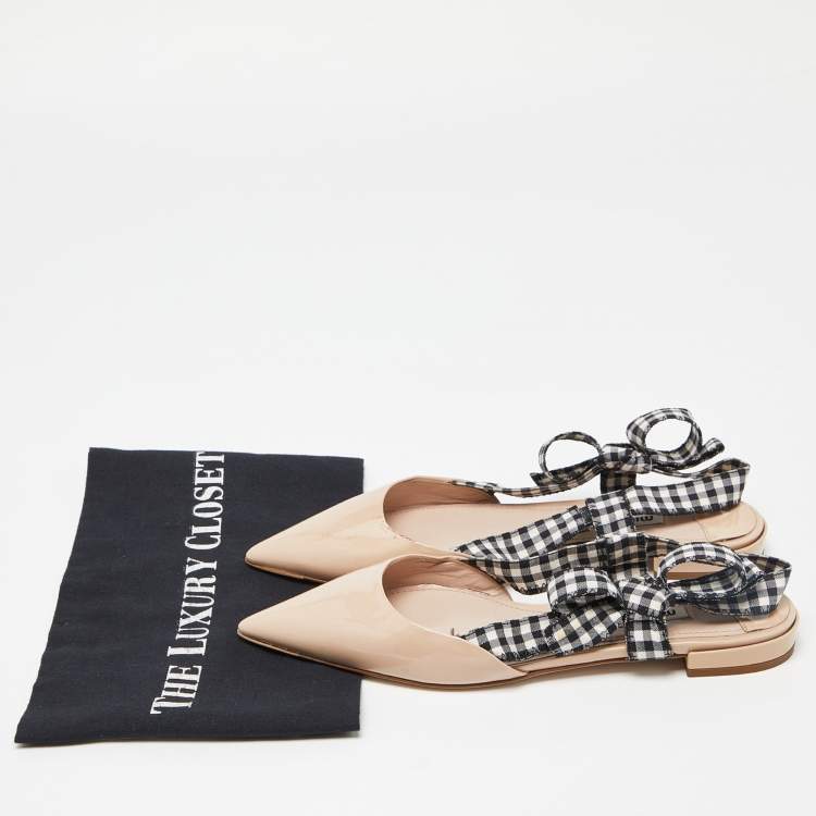 Pre Owned Miu Miu Beige Patent Leather and Gingham Fabric Bow Slingback Flats Size 37