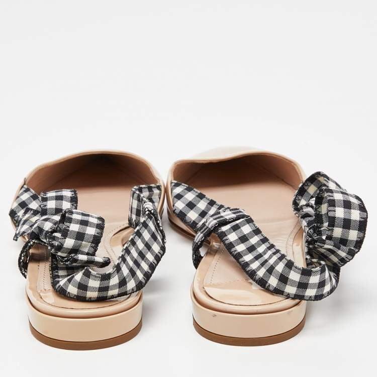Pre Owned Miu Miu Beige Patent Leather and Gingham Fabric Bow Slingback Flats Size 37