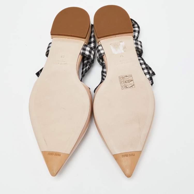 Pre Owned Miu Miu Beige Patent Leather and Gingham Fabric Bow Slingback Flats Size 37