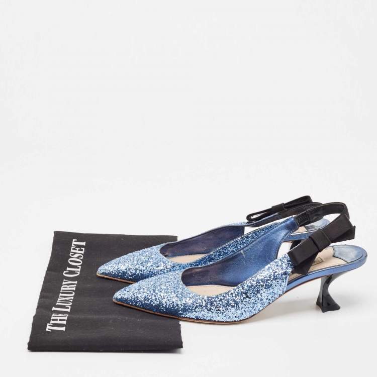 Pre Owned Miu Miu Blue Coarse Glitter Bow Slingback Pumps Size 37