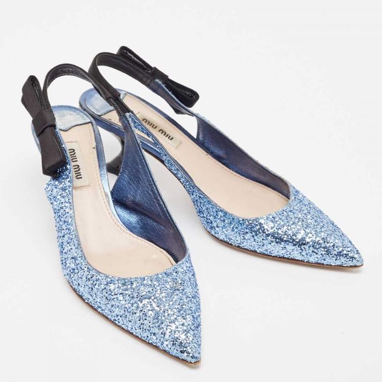Pre Owned Miu Miu Blue Coarse Glitter Bow Slingback Pumps Size 37