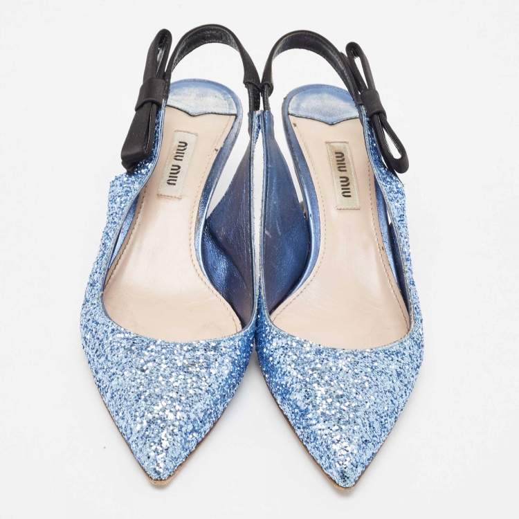 Pre Owned Miu Miu Blue Coarse Glitter Bow Slingback Pumps Size 37