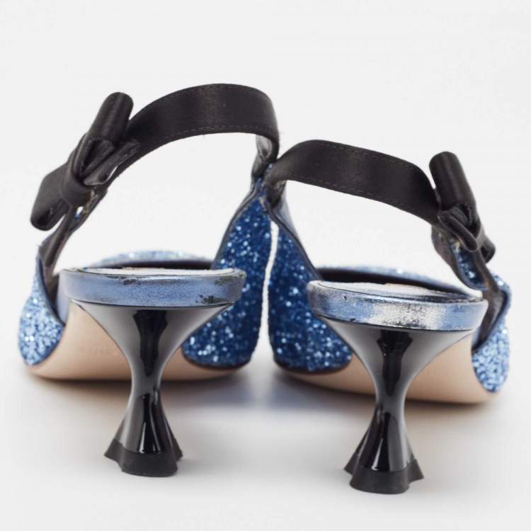 Pre Owned Miu Miu Blue Coarse Glitter Bow Slingback Pumps Size 37