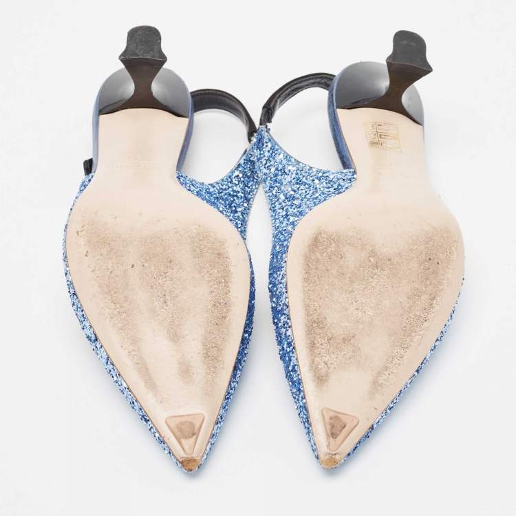 Pre Owned Miu Miu Blue Coarse Glitter Bow Slingback Pumps Size 37