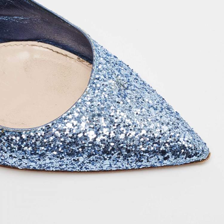 Pre Owned Miu Miu Blue Coarse Glitter Bow Slingback Pumps Size 37