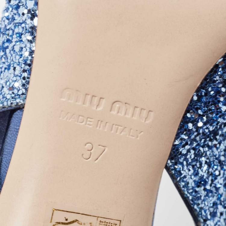Pre Owned Miu Miu Blue Coarse Glitter Bow Slingback Pumps Size 37