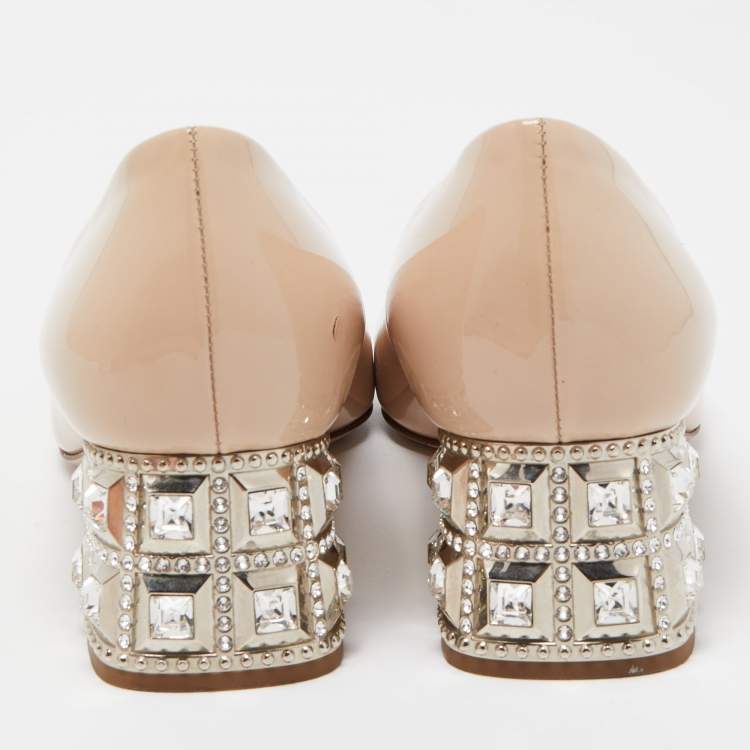 Pre Owned Miu Miu Beige Patent Leather Jeweled Block Heel Pumps Size 37