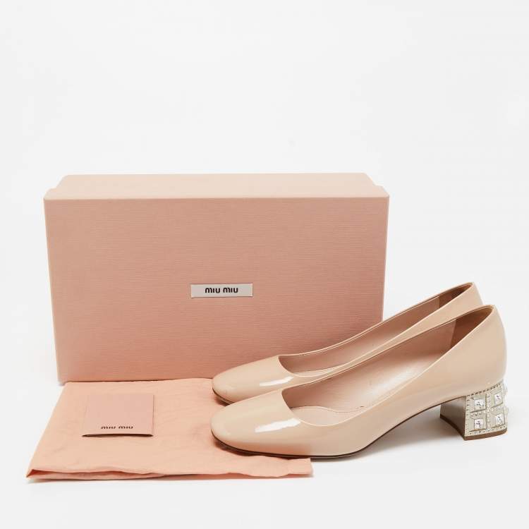 Pre Owned Miu Miu Beige Patent Leather Jeweled Block Heel Pumps Size 37