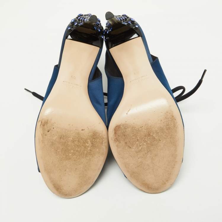 Pre Owned Miu Miu Navy Blue/Black Satin and Fabric Embellished Cutout Booties Size 39