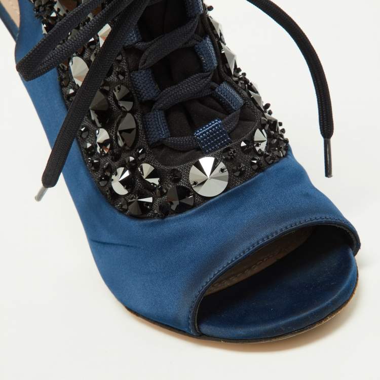 Pre Owned Miu Miu Navy Blue/Black Satin and Fabric Embellished Cutout Booties Size 39