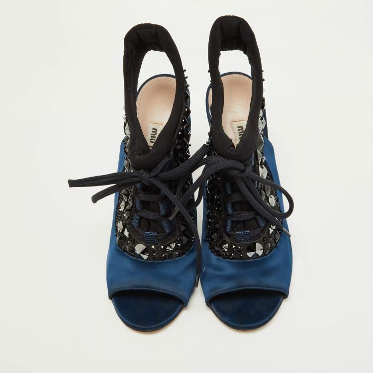 Pre Owned Miu Miu Navy Blue/Black Satin and Fabric Embellished Cutout Booties Size 39