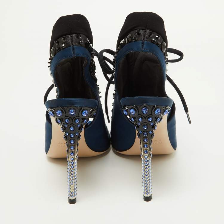 Pre Owned Miu Miu Navy Blue/Black Satin and Fabric Embellished Cutout Booties Size 39