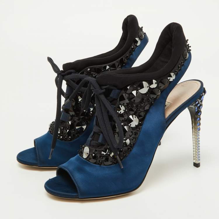 Pre Owned Miu Miu Navy Blue/Black Satin and Fabric Embellished Cutout Booties Size 39