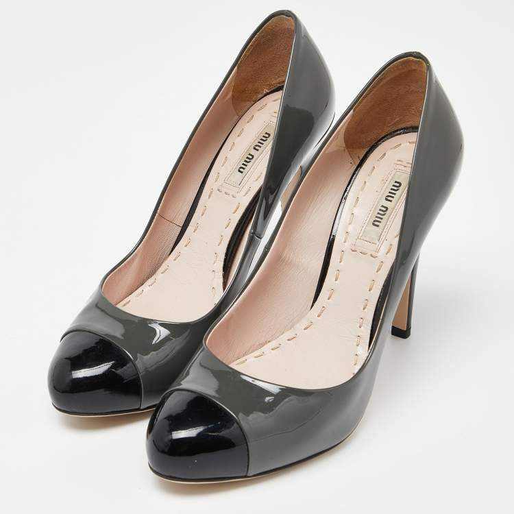 Pre Owned Miu Miu Grey/Black Patent Toe Cap Pumps Size 37