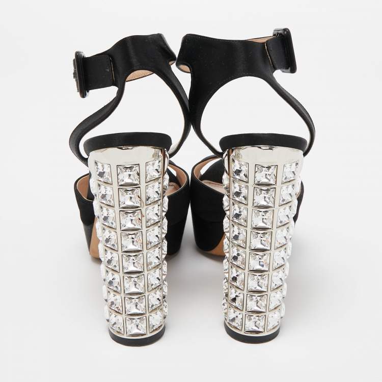 Pre Owned Miu Miu Black Satin Crystal Embellished Platform Ankle Strap Sandals Size 36.5