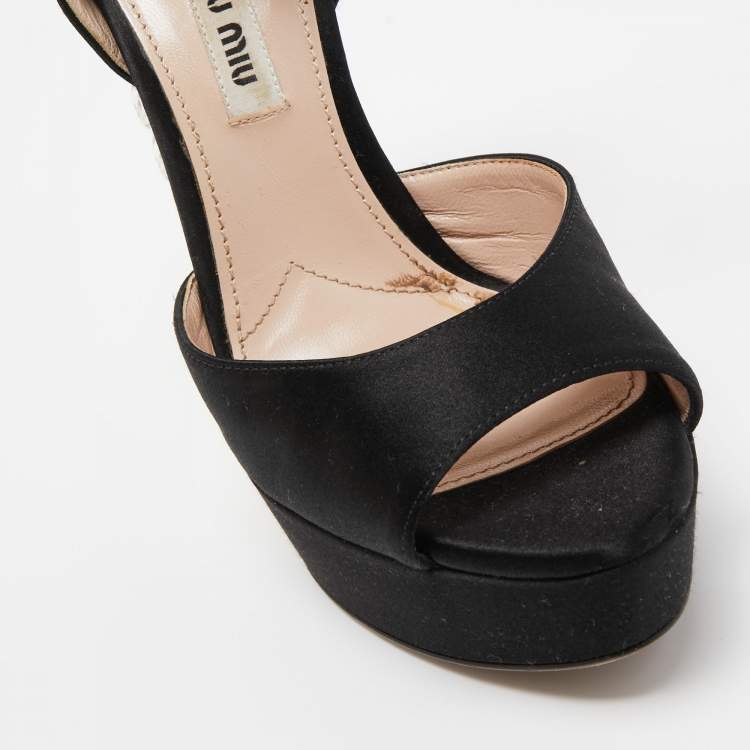 Pre Owned Miu Miu Black Satin Crystal Embellished Platform Ankle Strap Sandals Size 36.5