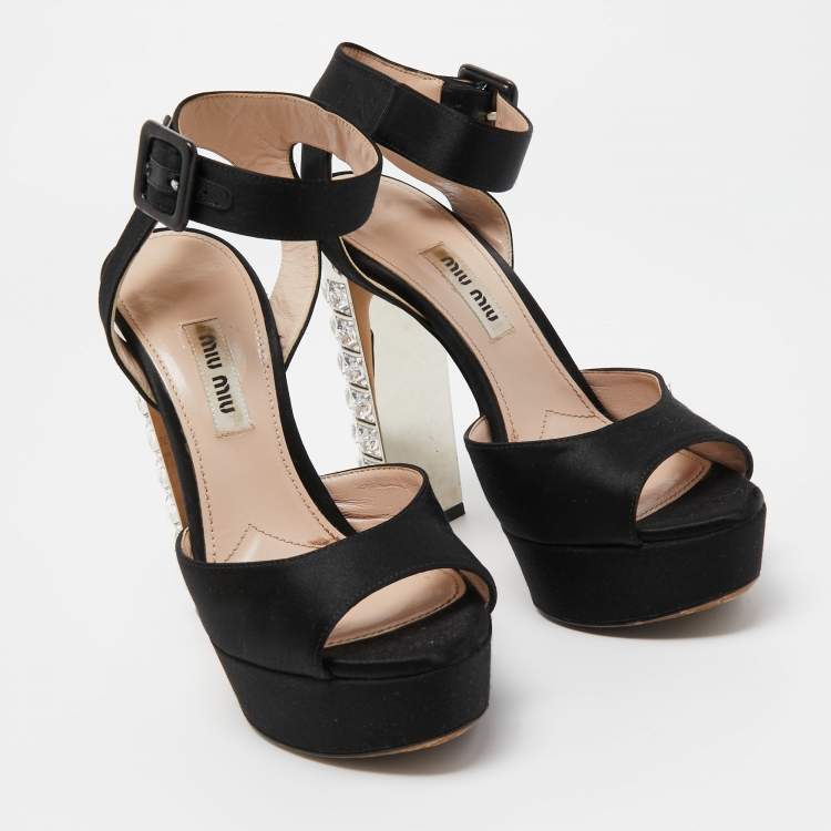Pre Owned Miu Miu Black Satin Crystal Embellished Platform Ankle Strap Sandals Size 36.5