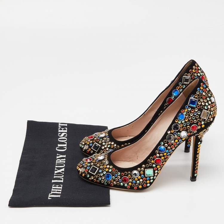 Pre Owned Miu Miu Black Suede Donna Multicolor Crystal Embellished Pumps Size 40