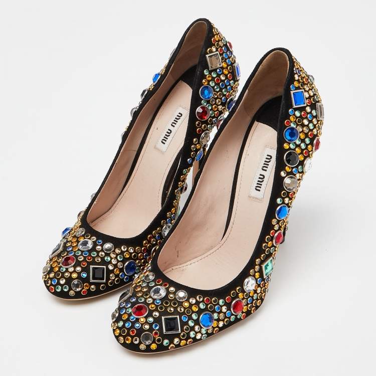 Pre Owned Miu Miu Black Suede Donna Multicolor Crystal Embellished Pumps Size 40
