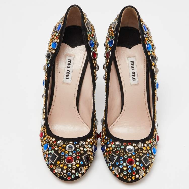 Pre Owned Miu Miu Black Suede Donna Multicolor Crystal Embellished Pumps Size 40