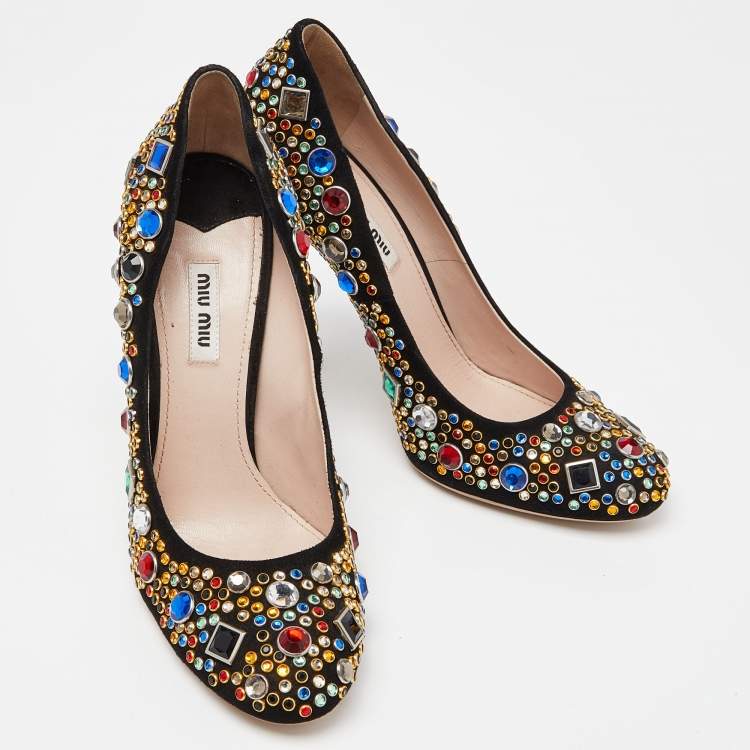 Pre Owned Miu Miu Black Suede Donna Multicolor Crystal Embellished Pumps Size 40