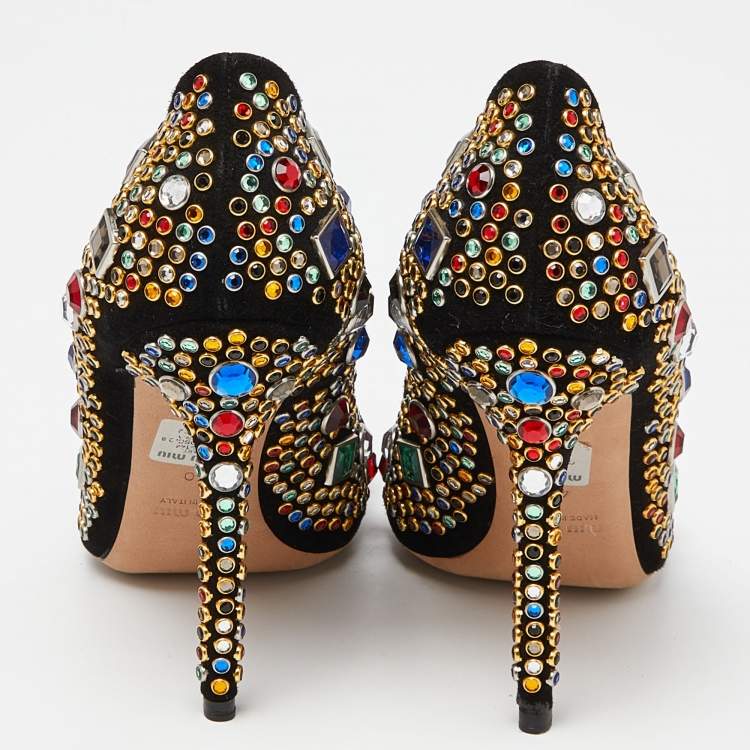 Pre Owned Miu Miu Black Suede Donna Multicolor Crystal Embellished Pumps Size 40