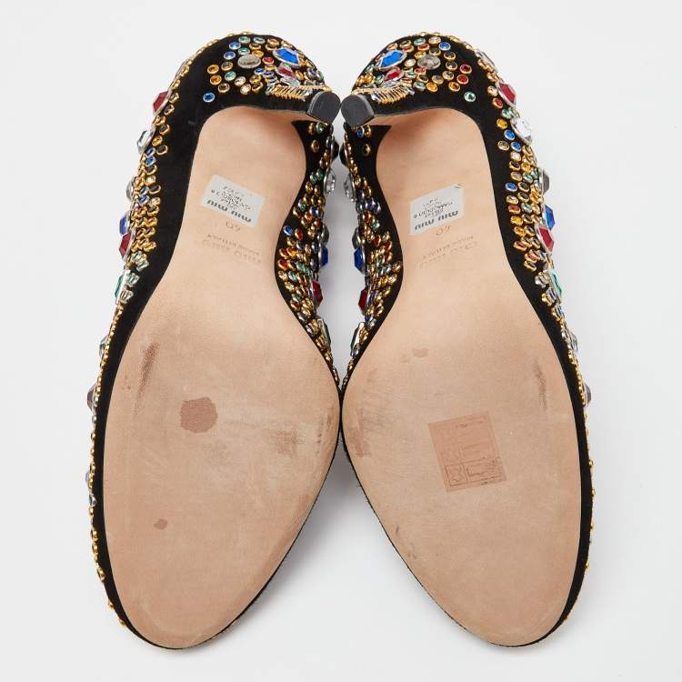 Pre Owned Miu Miu Black Suede Donna Multicolor Crystal Embellished Pumps Size 40