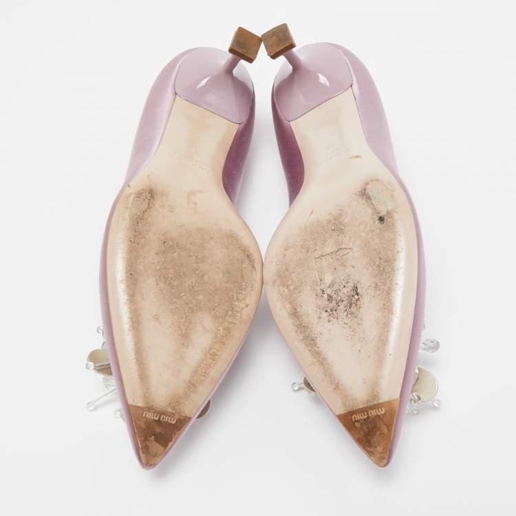 Pre Owned Miu Miu Purple Satin Crystal Embellished Pointed Toe Pumps Size 38
