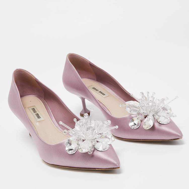 Pre Owned Miu Miu Purple Satin Crystal Embellished Pointed Toe Pumps Size 38