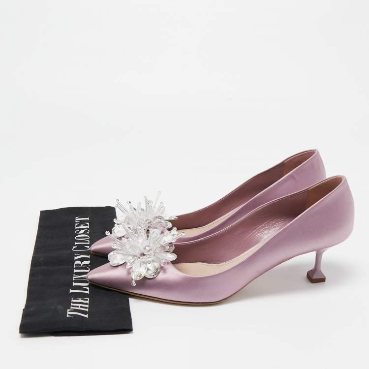 Pre Owned Miu Miu Purple Satin Crystal Embellished Pointed Toe Pumps Size 38