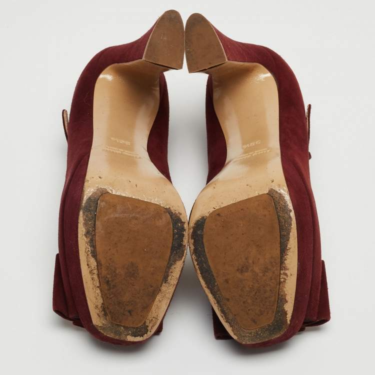 Pre Owned Miu Miu Burgundy Suede Mary Jane Bow Peep Toe Platform Pumps Size 36.5