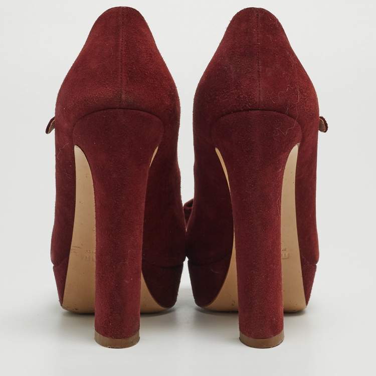Pre Owned Miu Miu Burgundy Suede Mary Jane Bow Peep Toe Platform Pumps Size 36.5