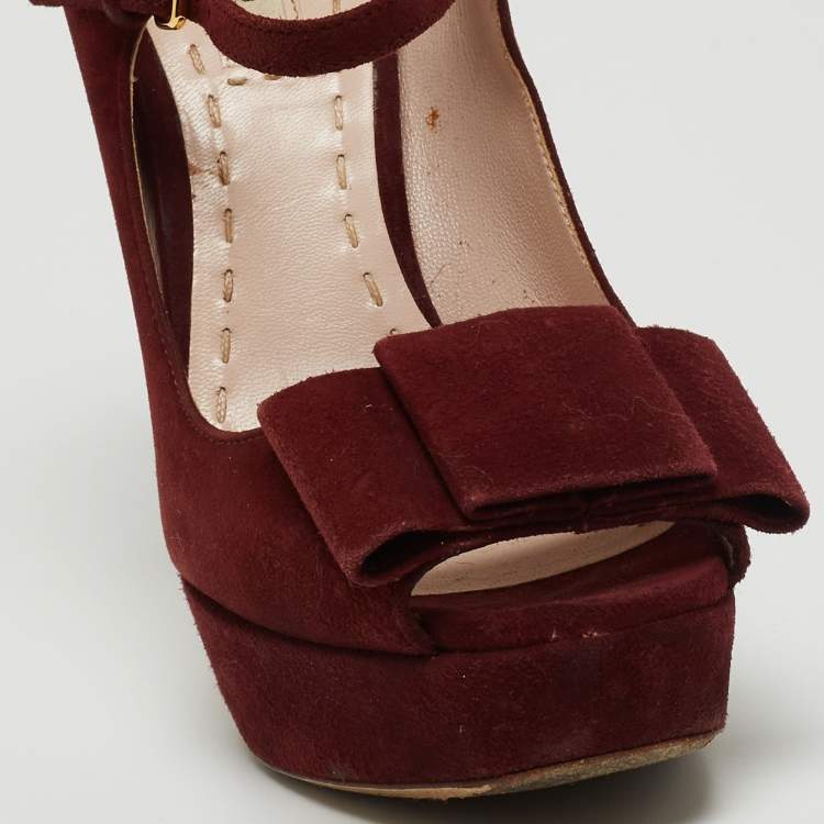 Pre Owned Miu Miu Burgundy Suede Mary Jane Bow Peep Toe Platform Pumps Size 36.5